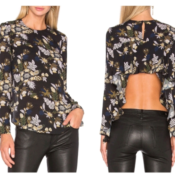 A.L.C. COOPER 100% SILK Long Sleeve OPEN BACK BLACK MULTI BLOUSE Sz 2 - Picture 1 of 10